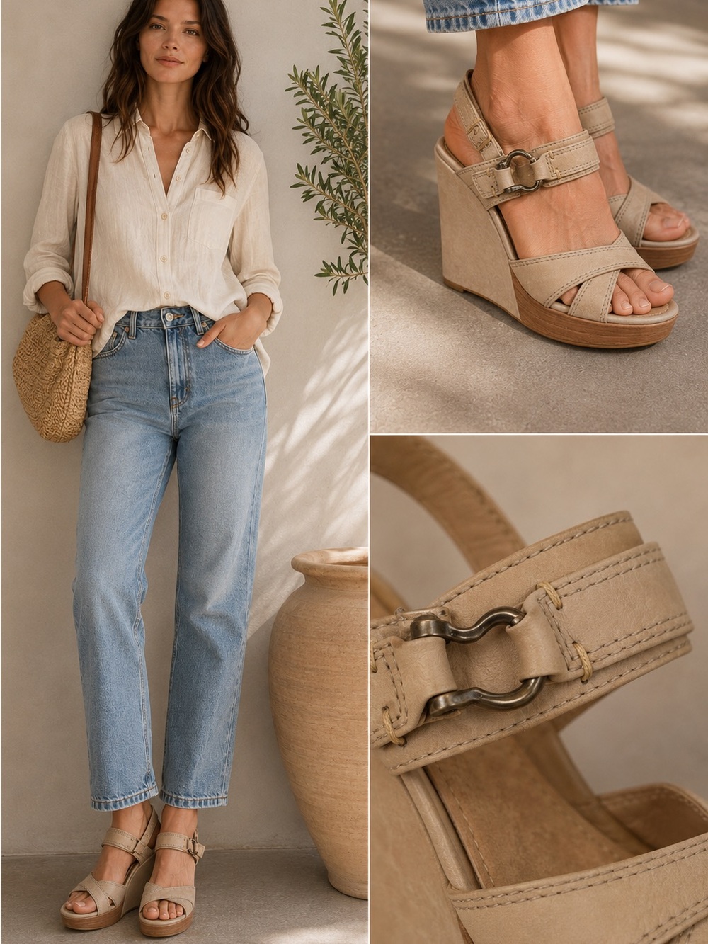 Frye Alena Criss Cross Beige Leather Horsebit Wedge Sandals Size 7.5